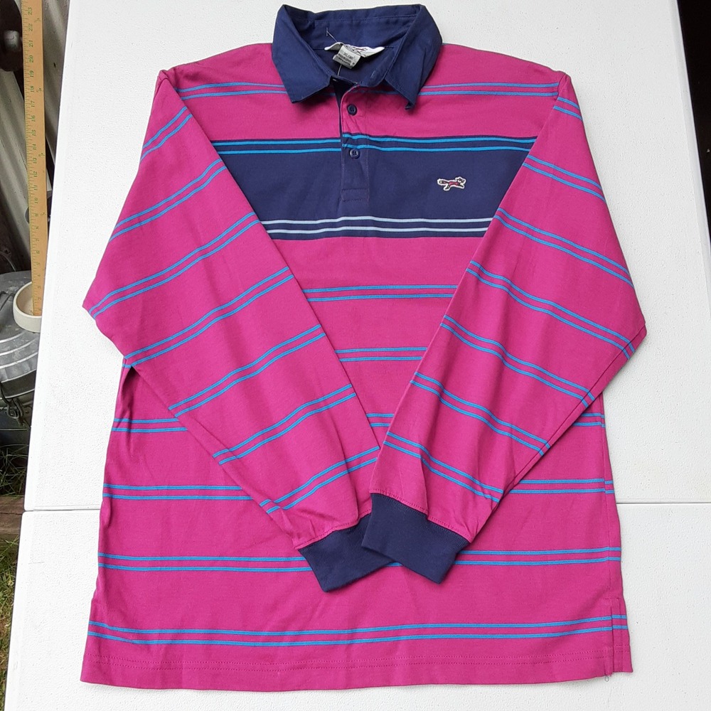 Retro Fox Mens Berry Pink Navy Blue Striped Long Sleeve Polo Rugby Shirt XL 18